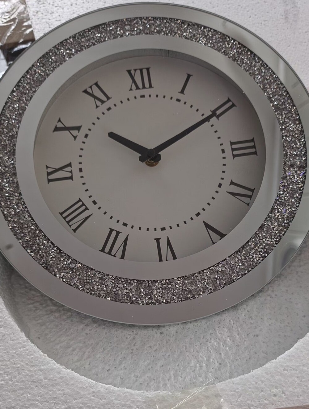 Elegant Silver Crystal Diamond Mirror Accent Wall Clock – Classic Roman Numerals